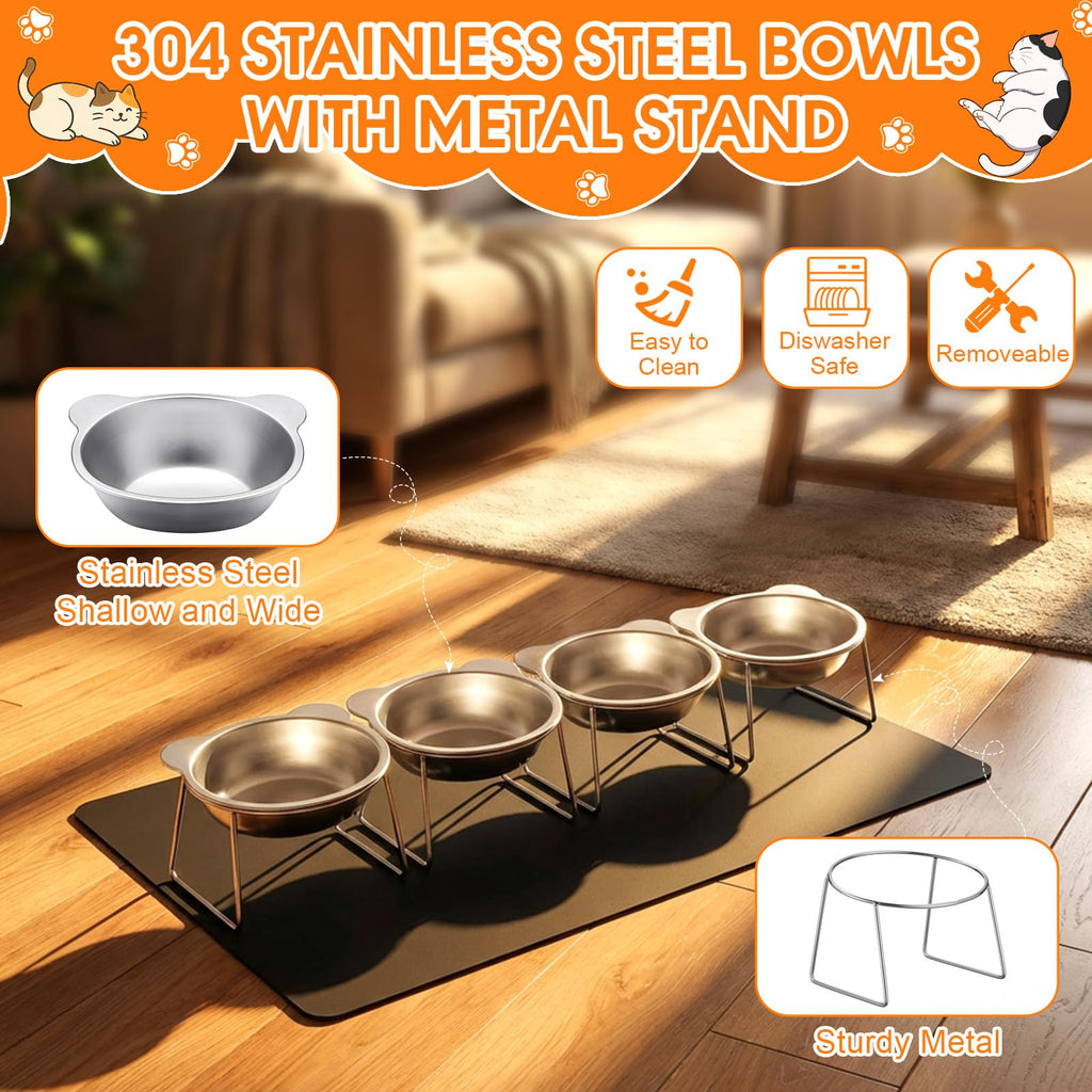 4 Set Elevated Stainless Steel Cat Food Water Bowls Y2427