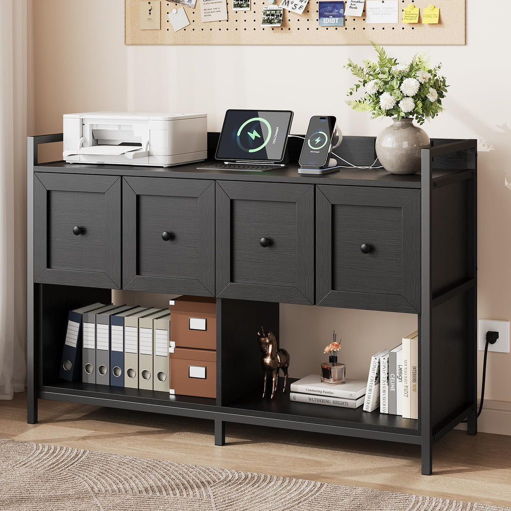 Black 2 Drawer Wood File Cabinet with Power Outlet X299441