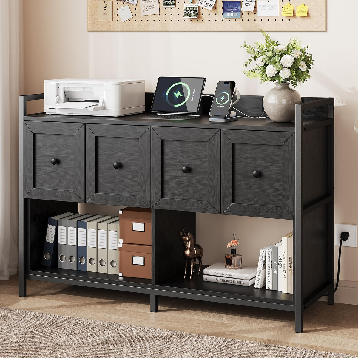 Black 2 Drawer Wood File Cabinet with Power Outlet X299441