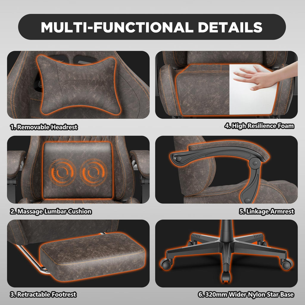 Brown PU Leather Ergonomic Reclining Gaming Chair with Massage Lumbar Support and Footrest C14613