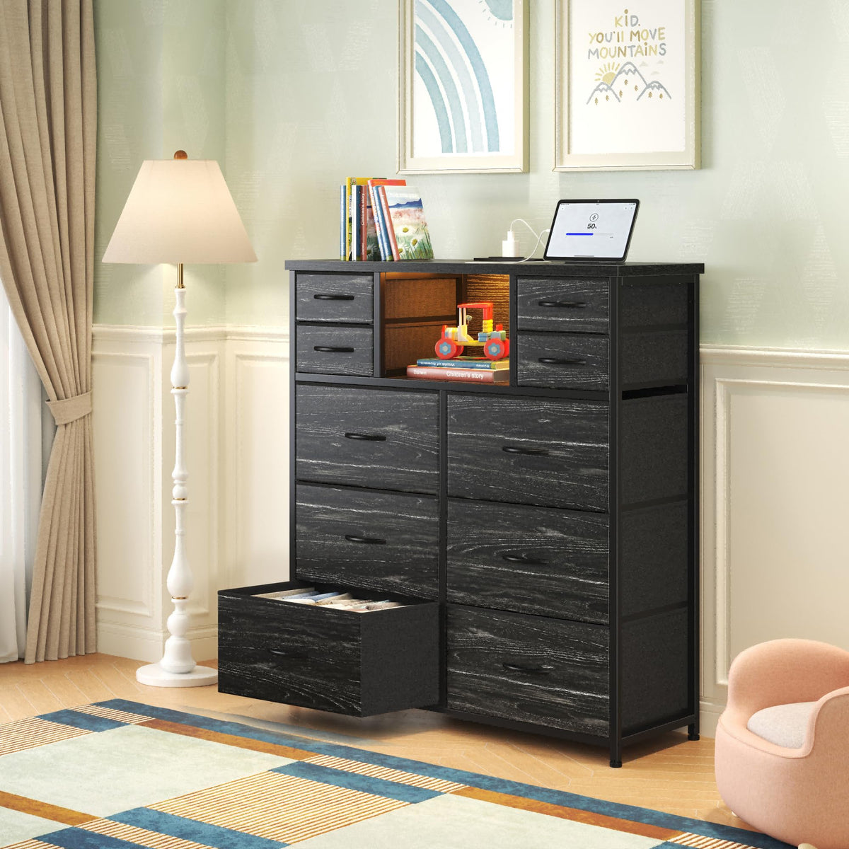 Black 10 Drawer Dresser with LED & Charging Station O944