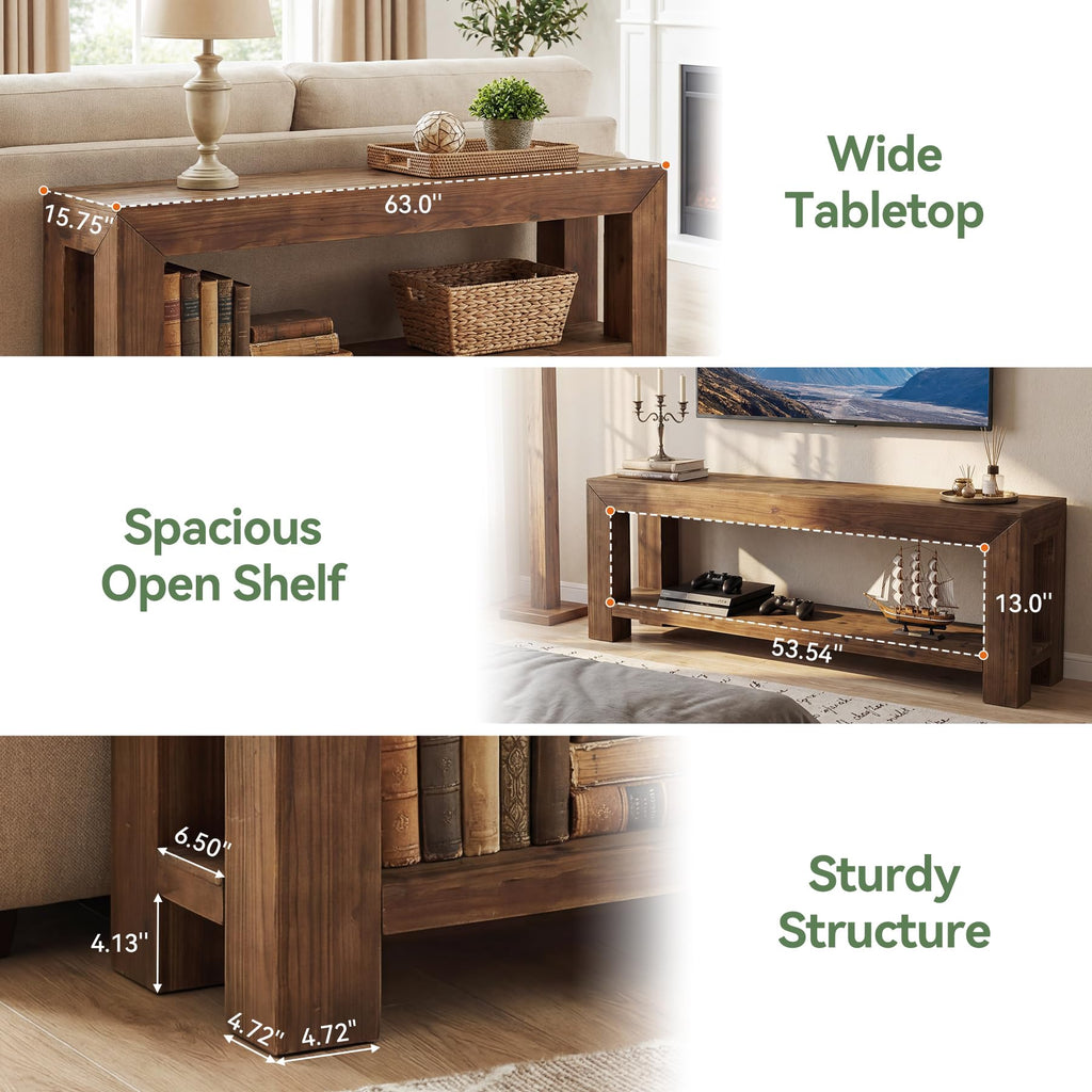 Solid Wood 63" TV Stand with Open Storage Shelves X9685