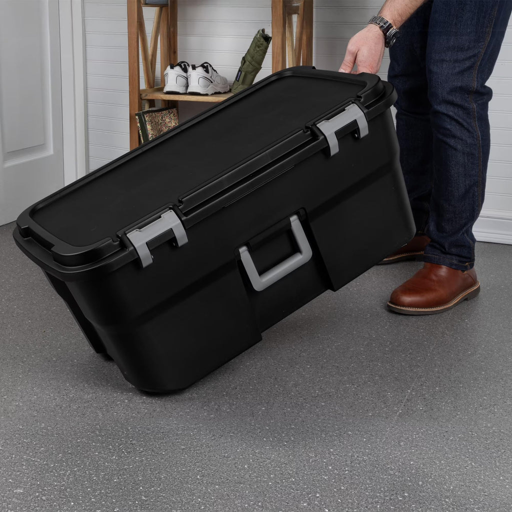 22 Gallon Black Wheeled Plastic Storage Trunk with Lids V2678