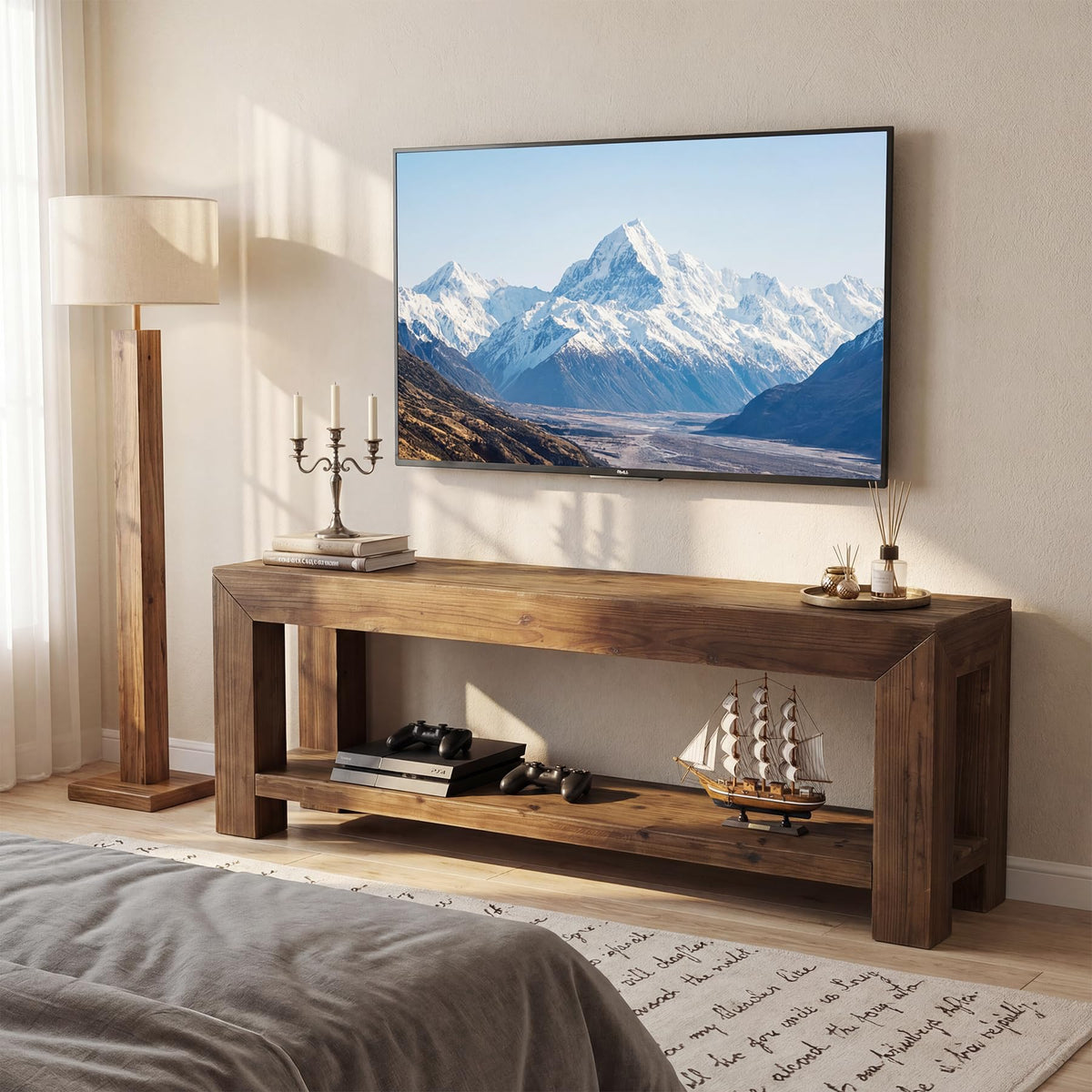 Solid Wood 63" TV Stand with Open Storage Shelves X9685