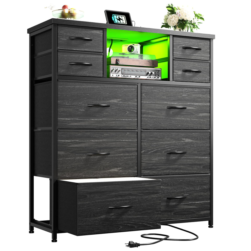 Black 10 Drawer Dresser with LED & Charging Station O944