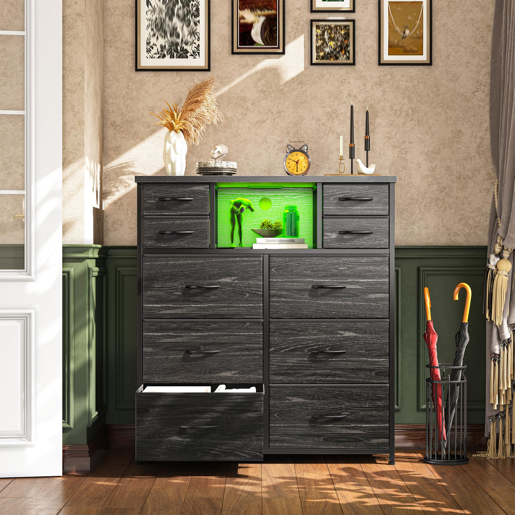 Black 10 Drawer Dresser with LED & Charging Station O944