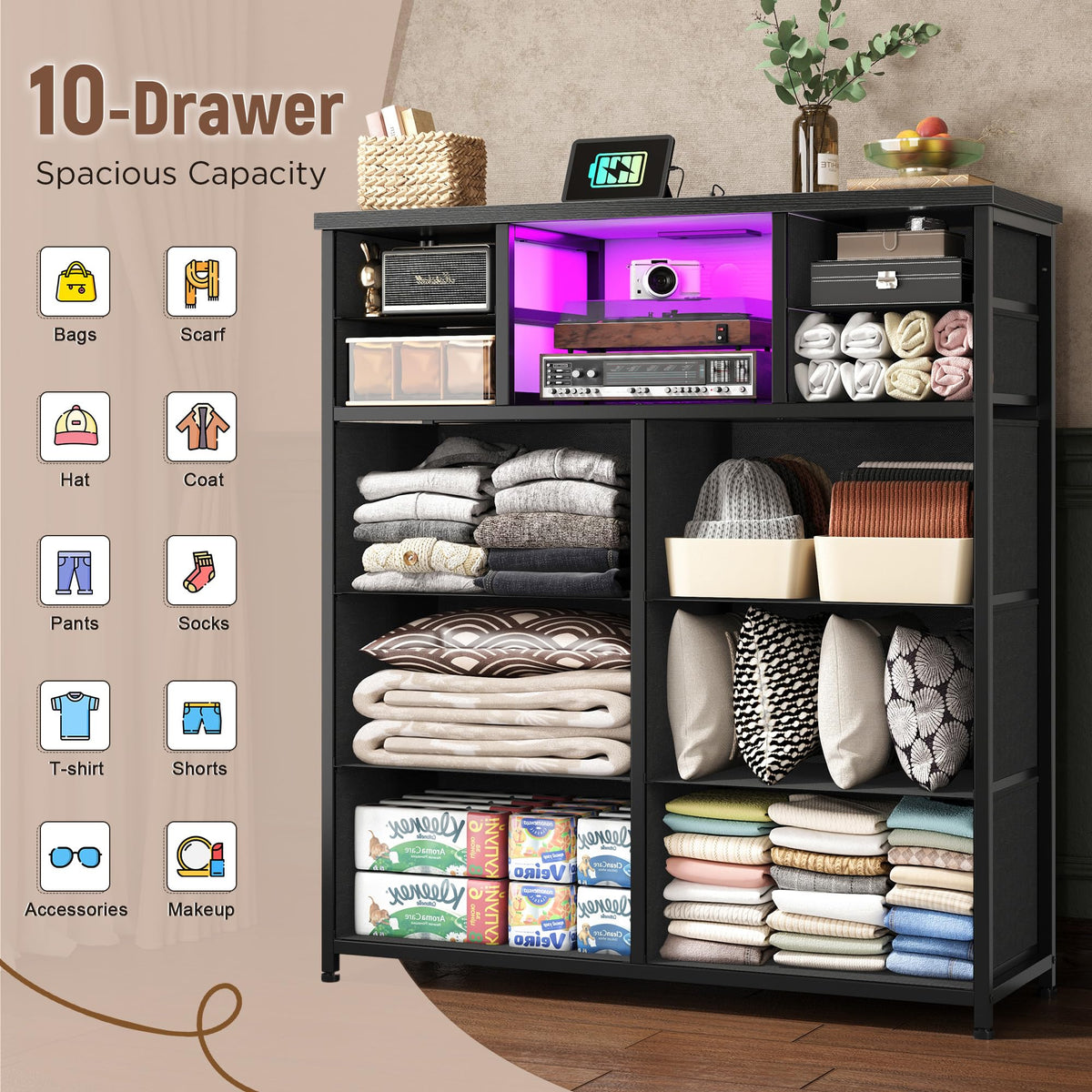 Black 10 Drawer Dresser with LED & Charging Station O944