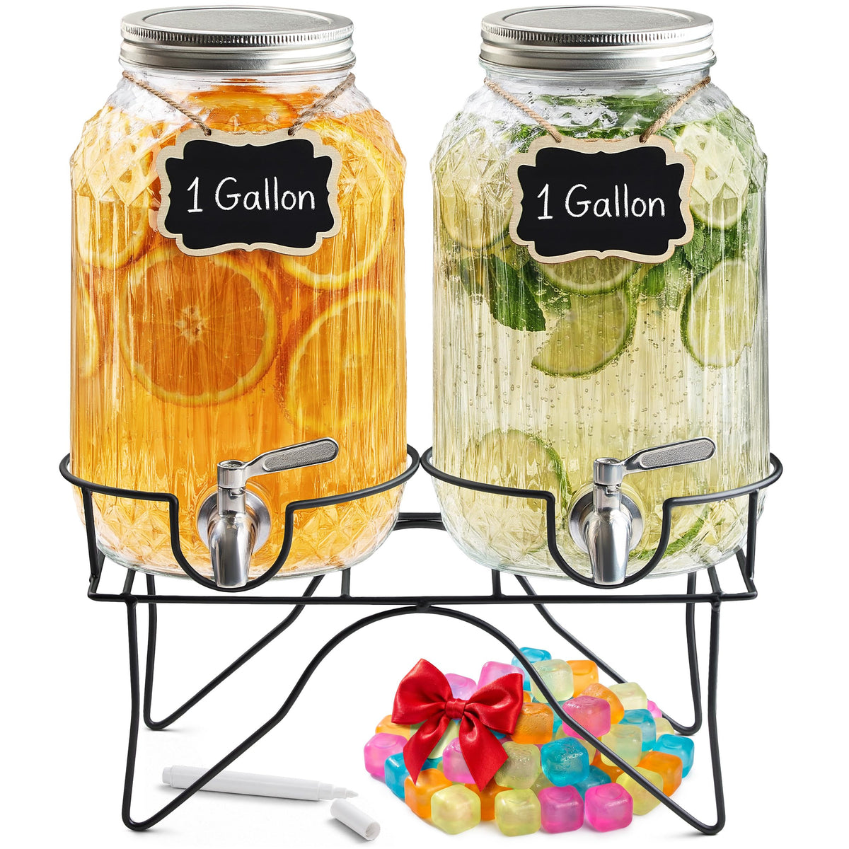 2 Gallon Glass Drink Dispensers with Stand, 2 Pack V241