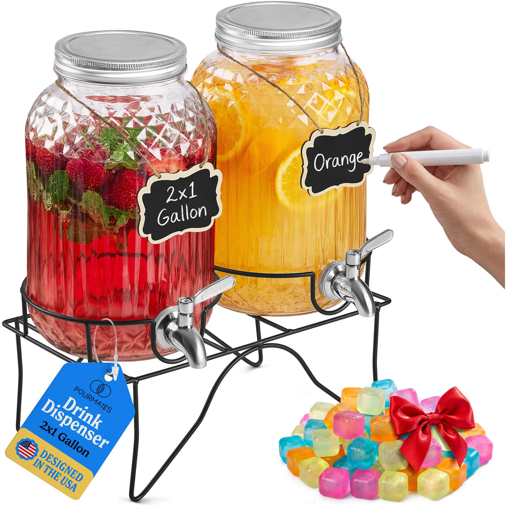 2 Gallon Glass Drink Dispensers with Stand, 2 Pack V241