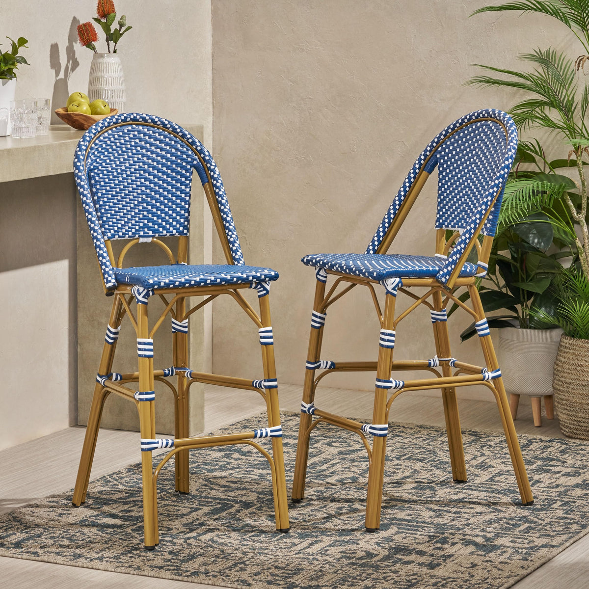 Set of 2 Teal Blue White Bar Stool with Aluminum P5747
