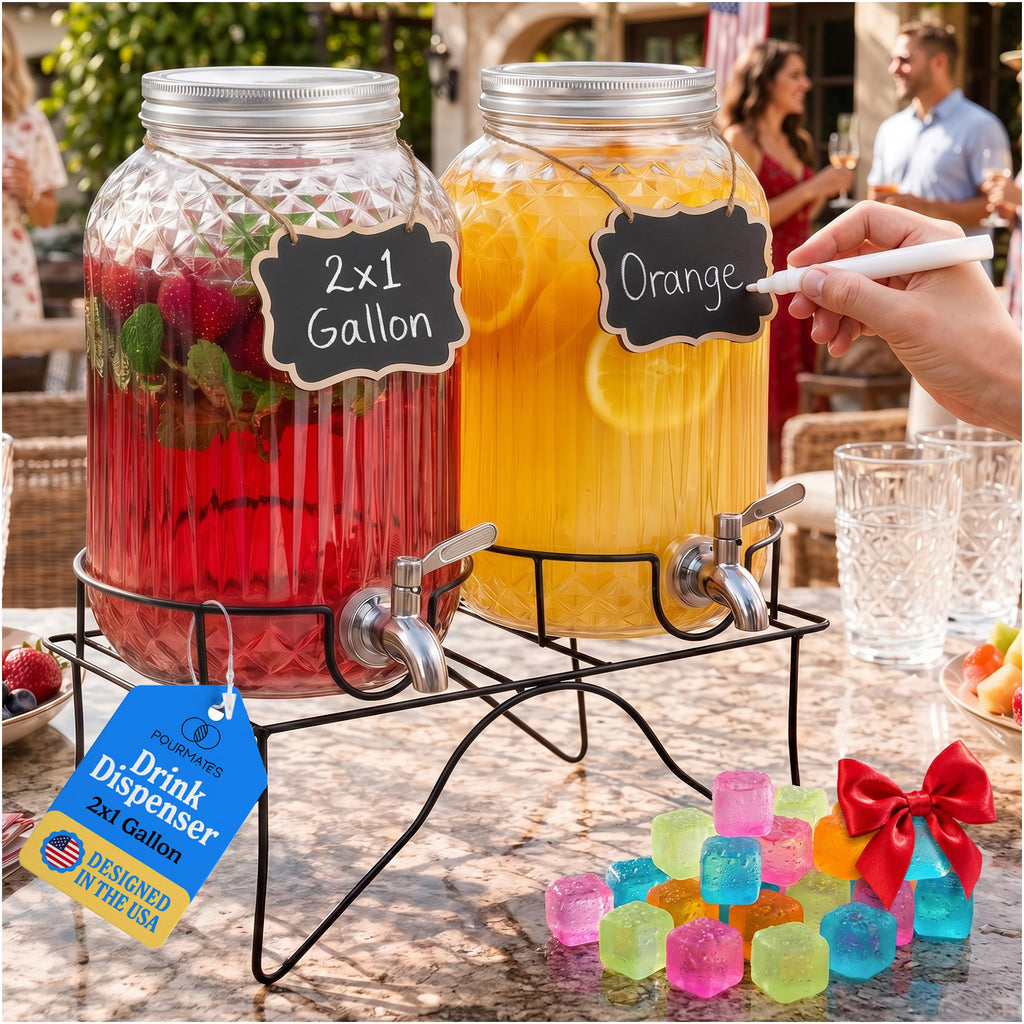 2 Gallon Glass Drink Dispensers with Stand, 2 Pack V241