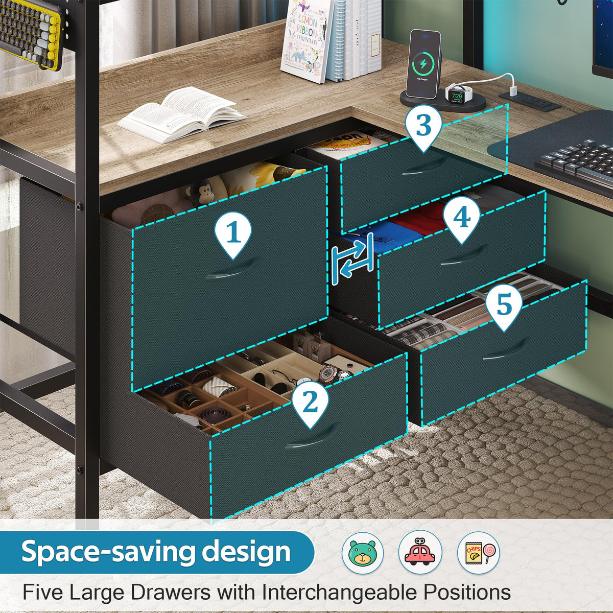 Twin Size Loft Bed with Desk and 5 Drawer M134569